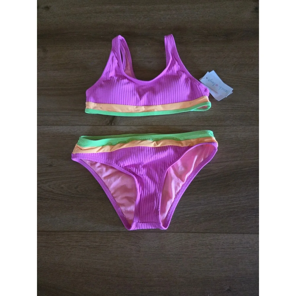Beach Lingo Girls Purple Ribbed Bikini Set Neon‎ Green Orange Trim Size 10 NEW